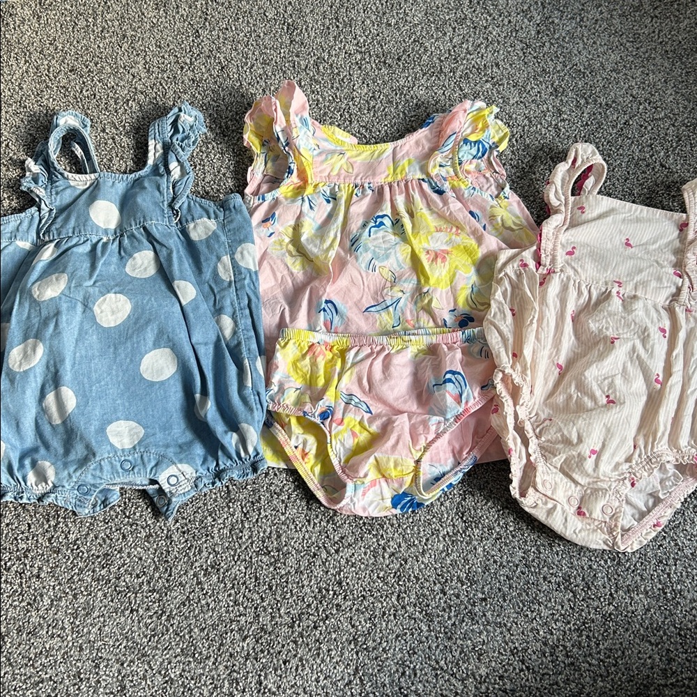 Blue Polkadot and Light Pink Striped Baby Rompers & a Floral Dress